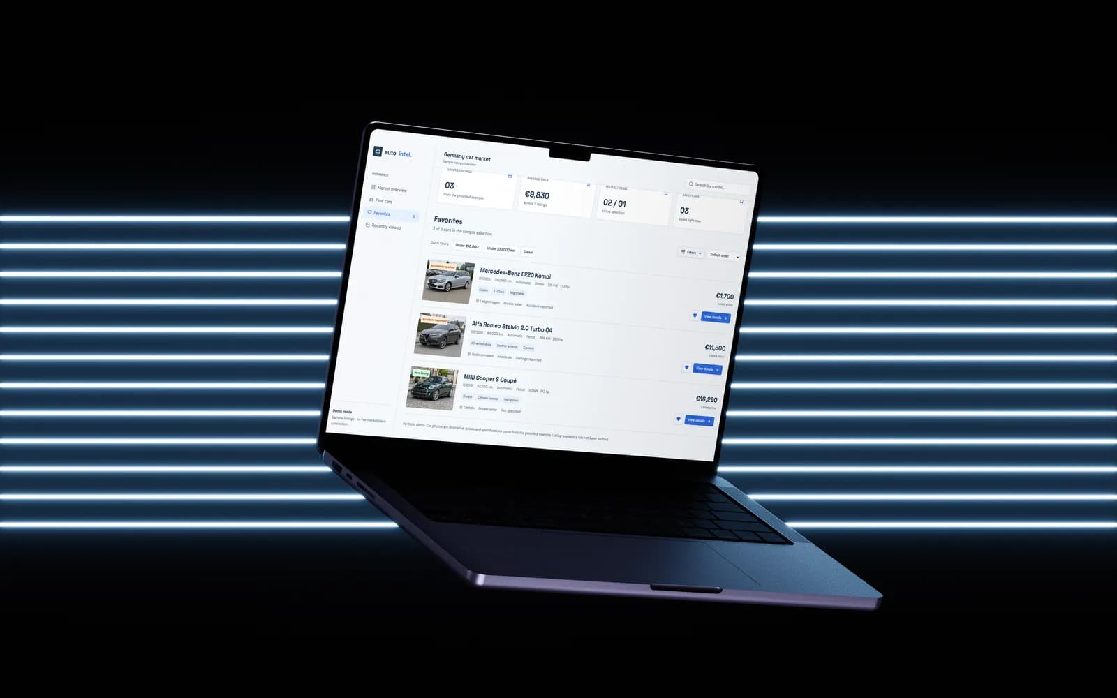 Раздел «Избранное» AutoIntel на MacBook на фоне неоновых полос