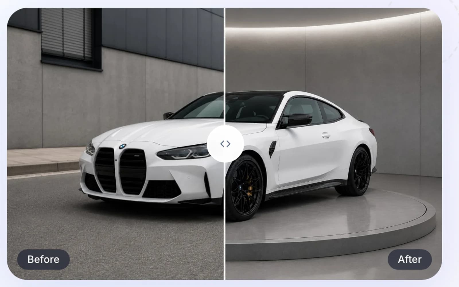 Antes y después: el mismo BMW blanco en un estacionamiento y sobre un podio de estudio