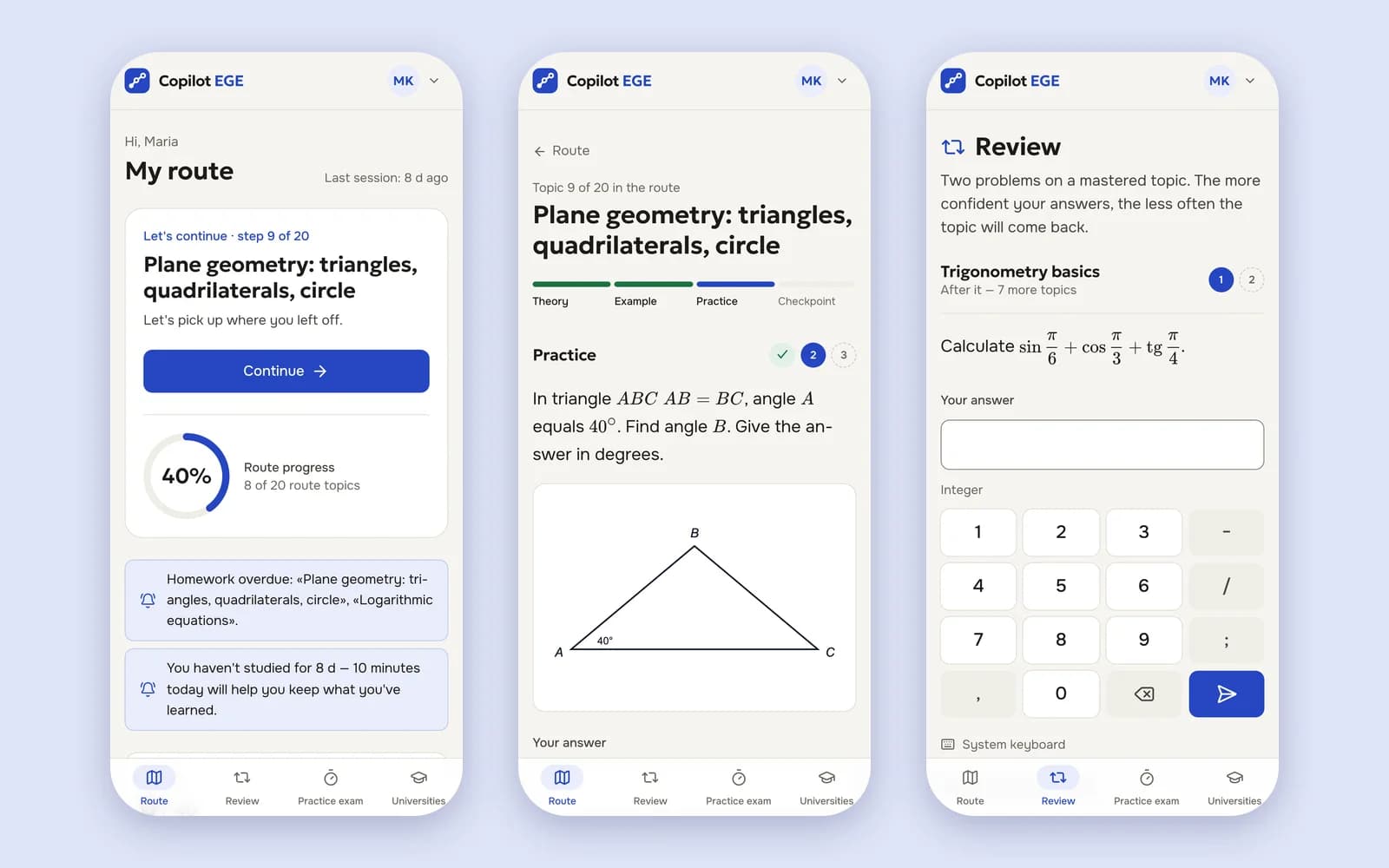 Três telas do Copilot EGE no celular: rota, prática e revisão com teclado matemático