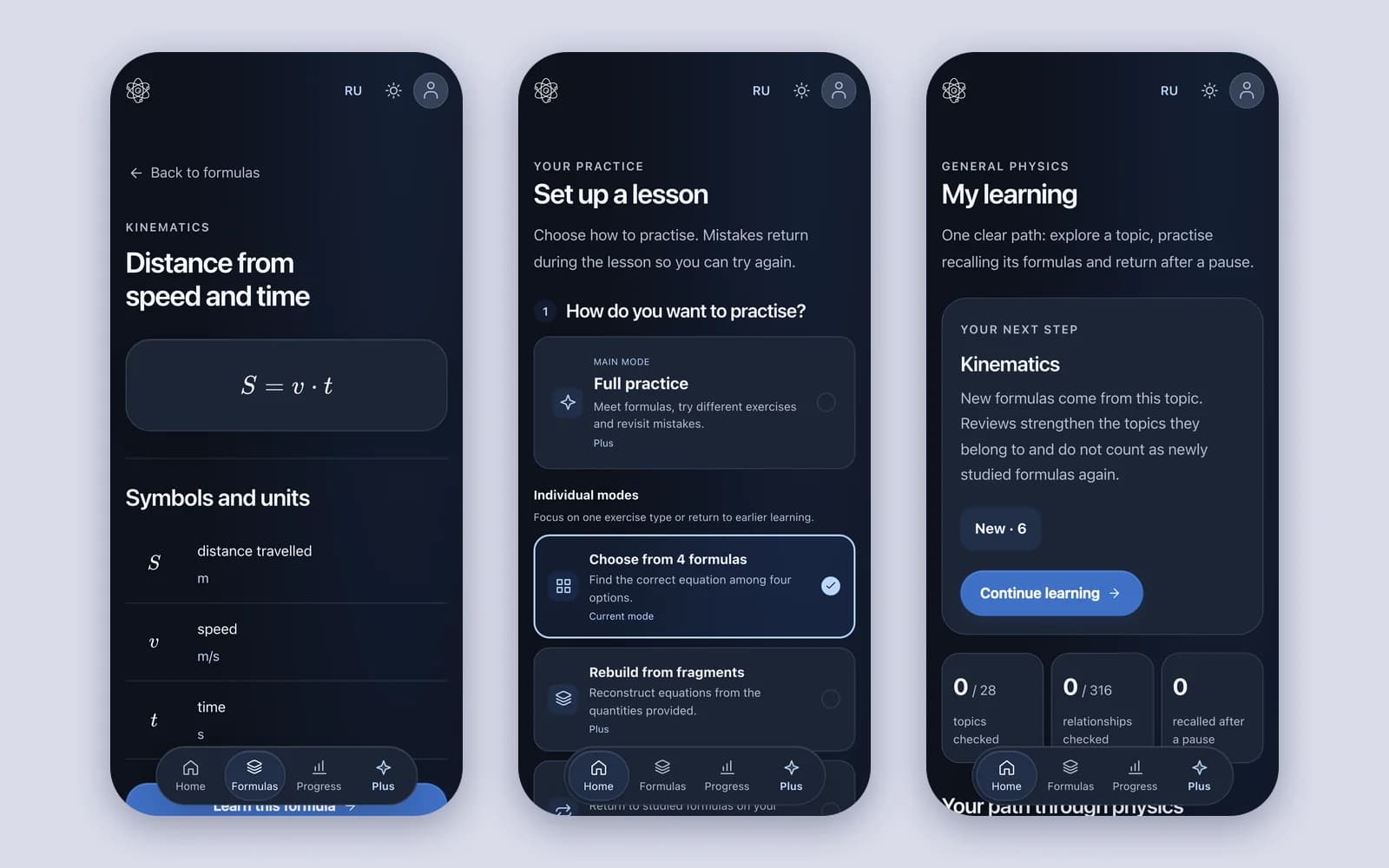 Trois écrans mobiles de Formuls : une formule, le choix de la leçon et le parcours d’apprentissage