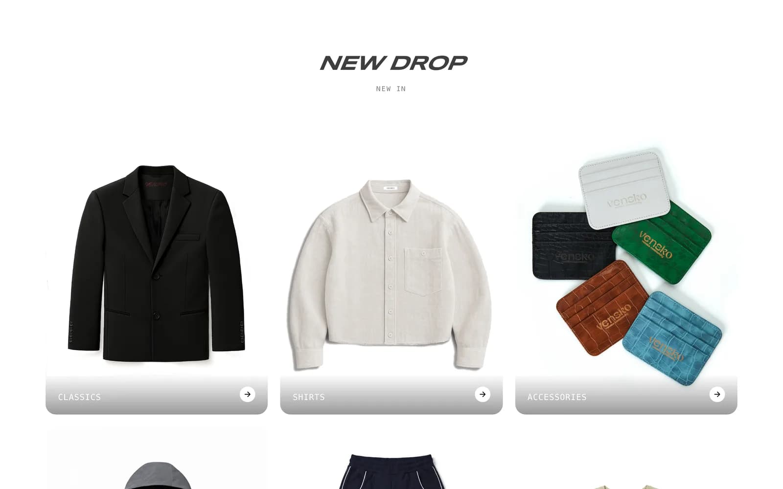 VNSK WEAR 首页的 New drop 区块,带分类图块