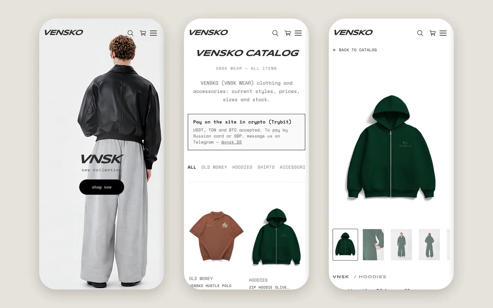 VNSK WEAR 在手机上的三个页面:首页、目录和商品页