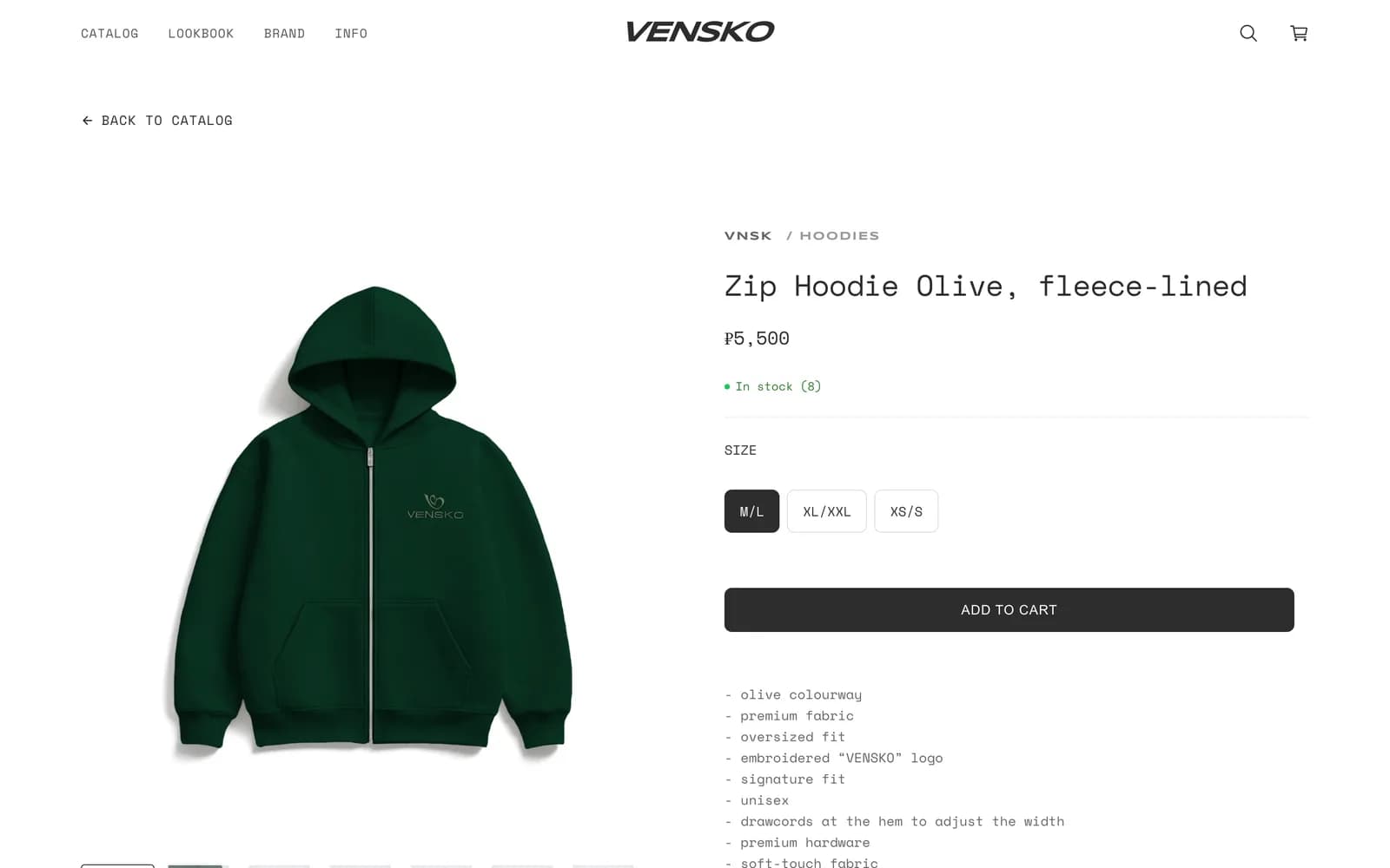 VNSK WEAR 橄榄绿拉链卫衣的商品页,带尺码选择和实时库存